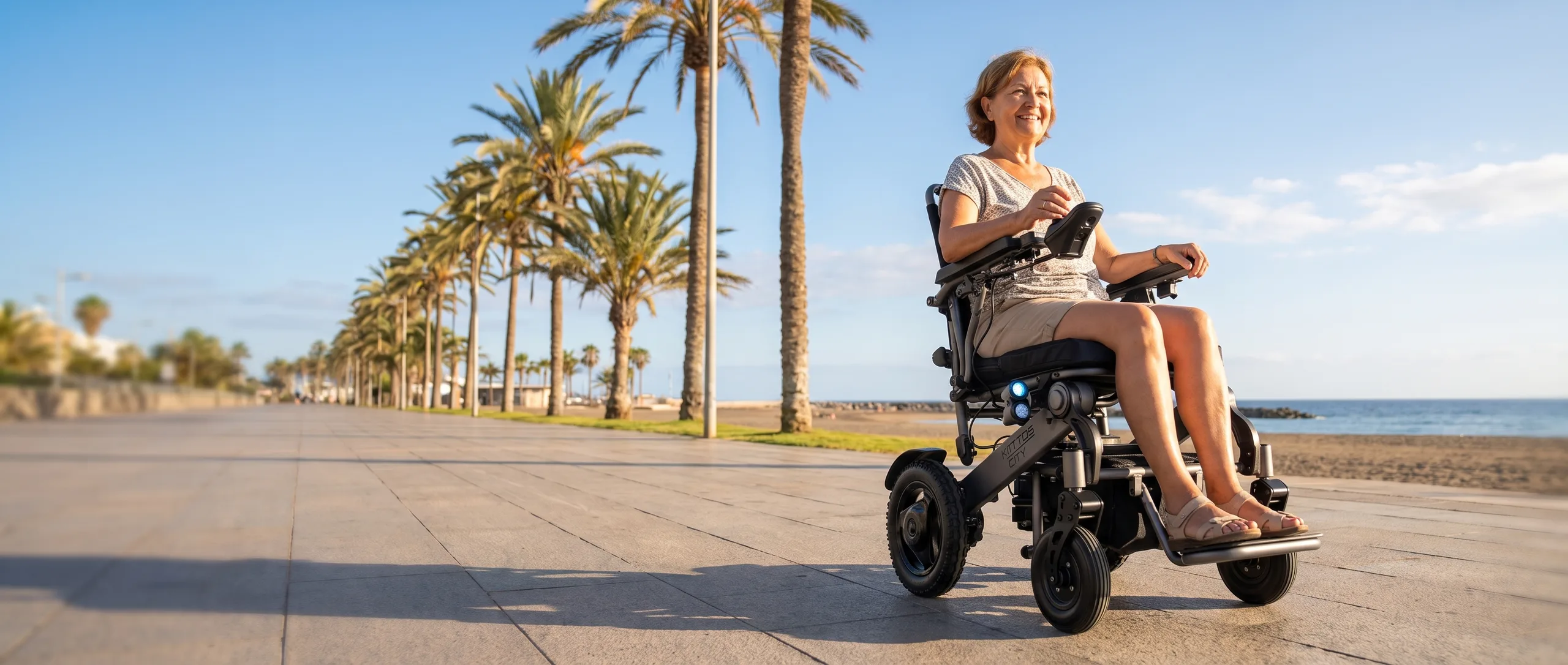 Mujer en silla de ruedas eléctrica Kittos City Plus por un paseo marítimo con palmeras