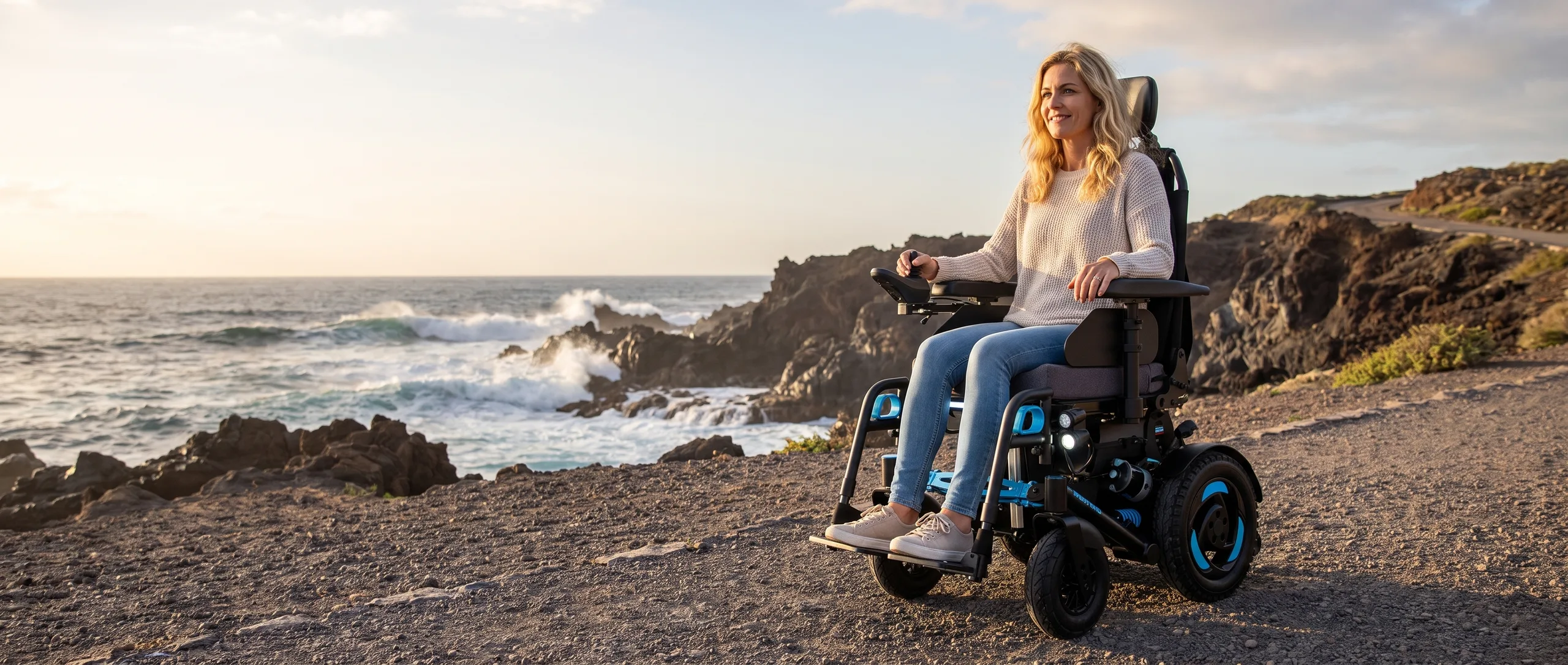 Mujer en silla de ruedas eléctrica todoterreno Kittos Country Plus en la costa volcánica